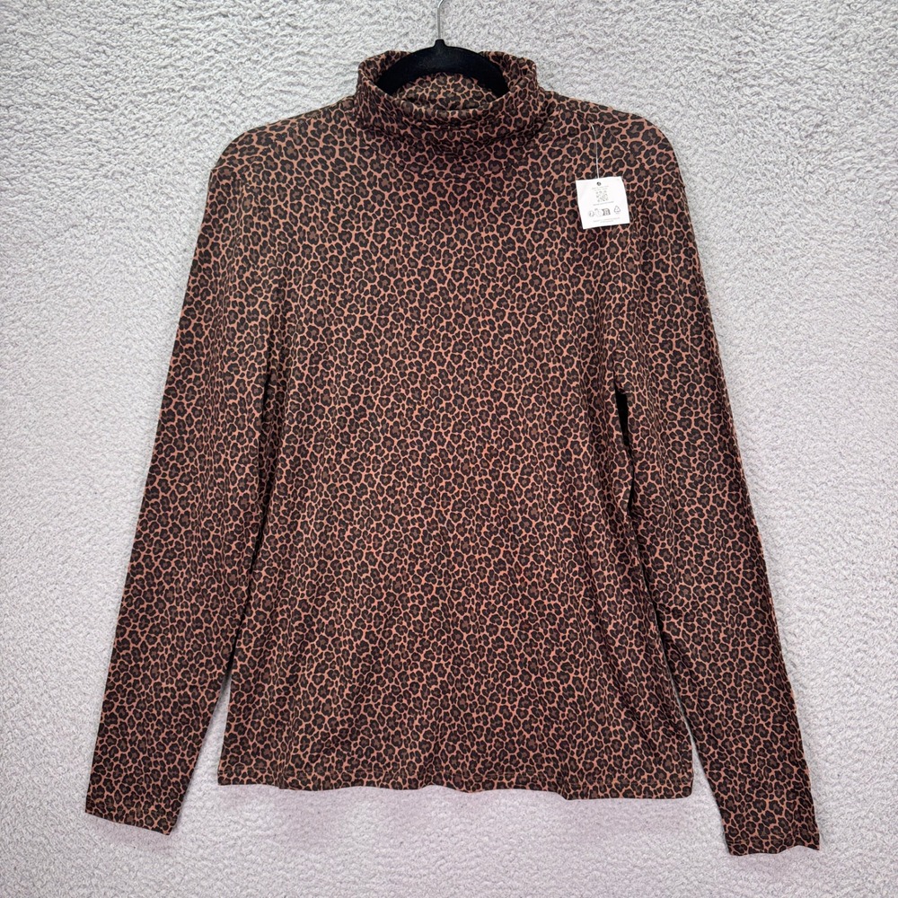 Lands End Top Womens M Brown Leopard Print Turtleneck Animal Long Sleeve Base